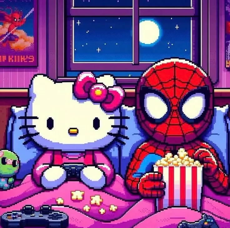 Ảnh pixel đôi Kitty kawaii kết hợp Spider-Man hài hước.