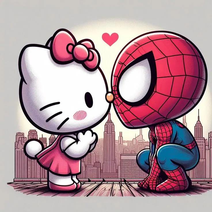 Avatar chibi mèo hồng cùng Spider-Man đáng yêu rạng rỡ.