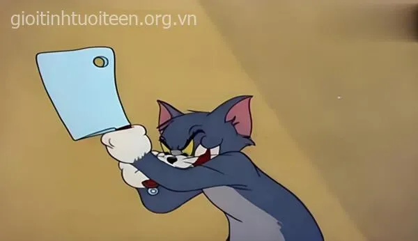 Biểu cảm mèo Tom nghiêm nghị, cầm dao toát sát khí rùng rợn.