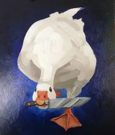 Meme con vịt ngậm dao với gương mặt troll.