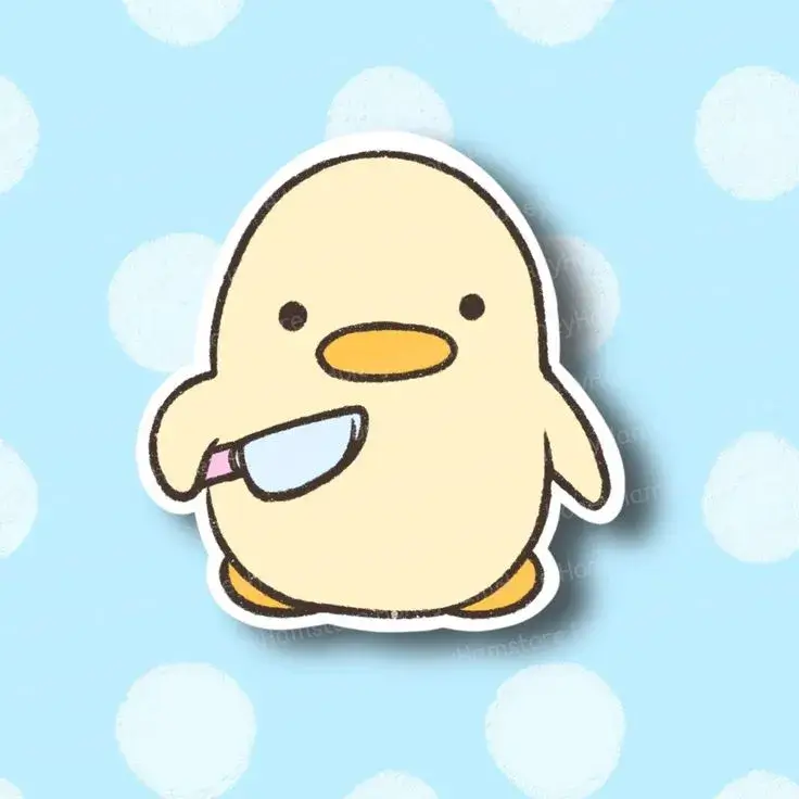 Meme chú vịt cầm dao nhìn buồn đáng yêu.