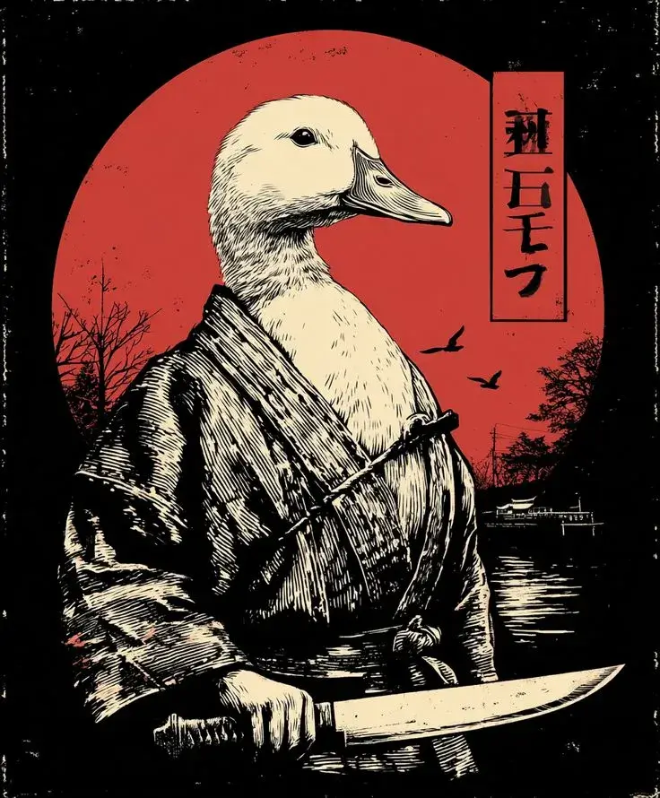 Hình chú vịt cầm dao với gương mặt hung.