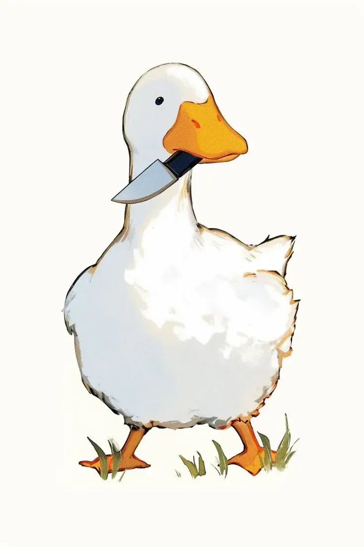 Ảnh vịt con cầm dao với ánh mắt troll.