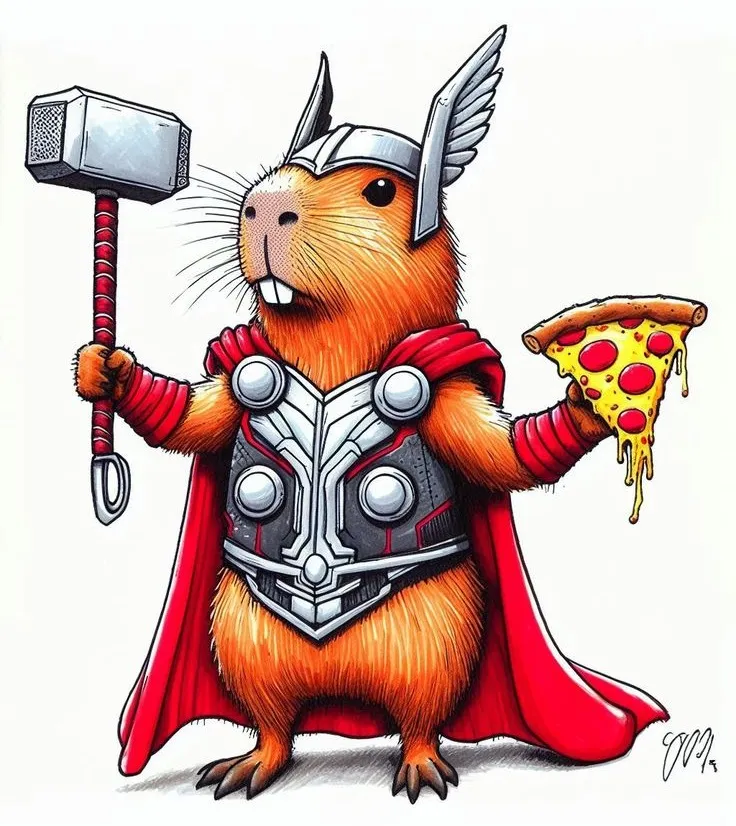 Hình capybara hóa thân Thor cầm búa.