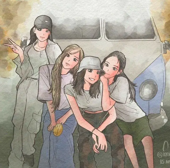 Avatar nhóm bạn 4 người anime cute, biểu cảm tươi tắn dễ thương.