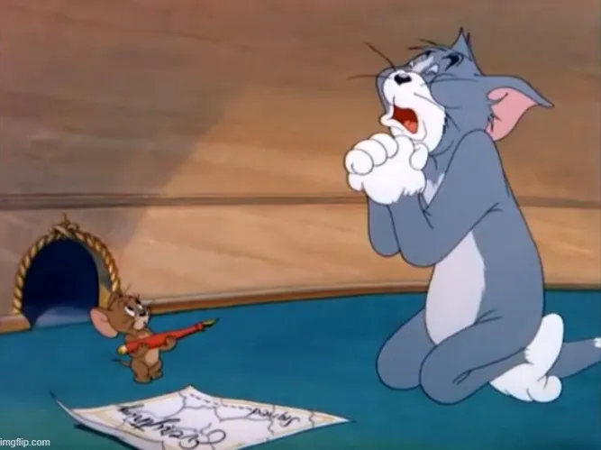 Ảnh meme mèo Tom quỳ gối van xin chuột Jerry ký giấy