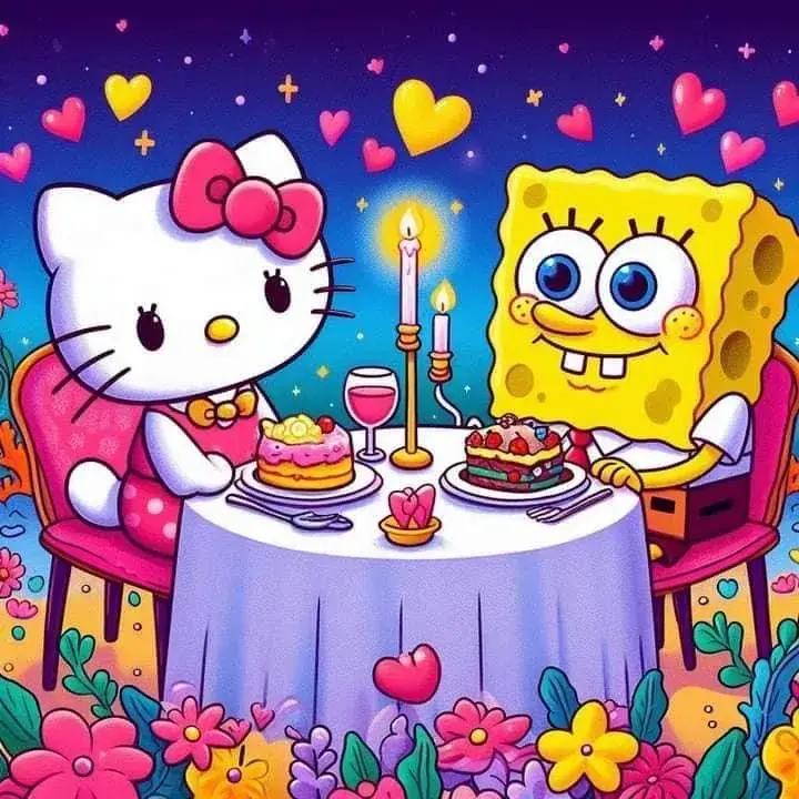 Hình chibi Kitty cặp đôi với bọt biển dễ thương.