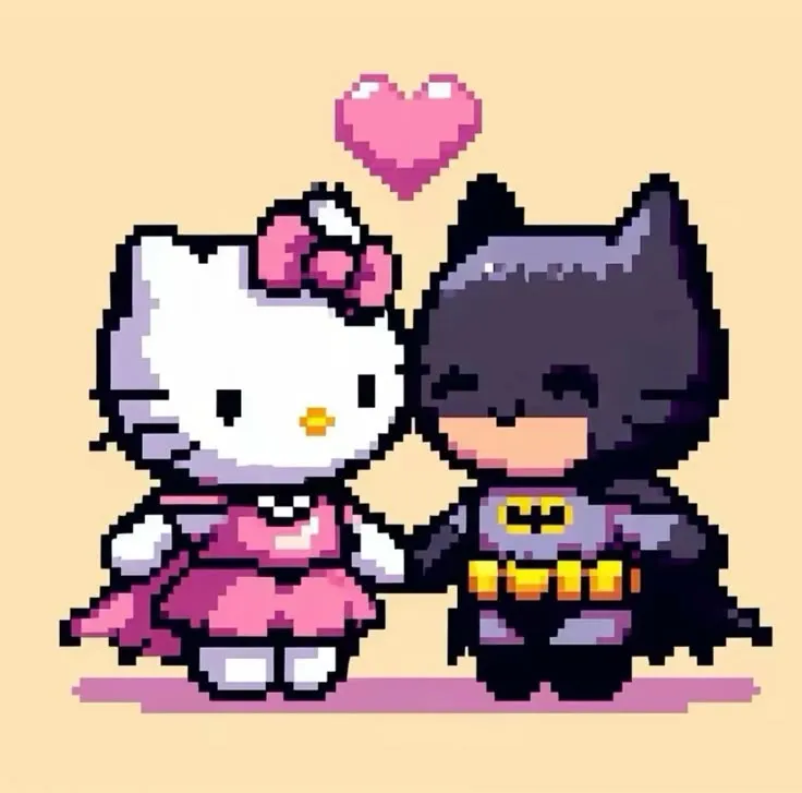 Ảnh pixel profile Kitty và Batman yêu thương mơ mộng.