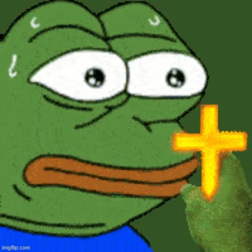 Hình meme ếch xanh cầm thánh giá phản ứng hoảng sợ