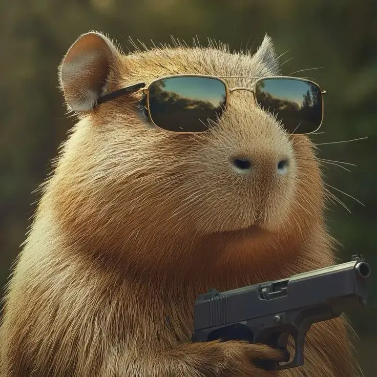 Meme capybara ngồi bất động, gương mặt thờ ơ.