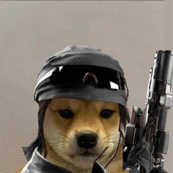 Meme chó Shiba cầm súng trông căng thẳng giả.