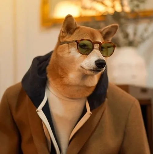 Shiba mặc áo khoác đeo kính đen rất ngầu