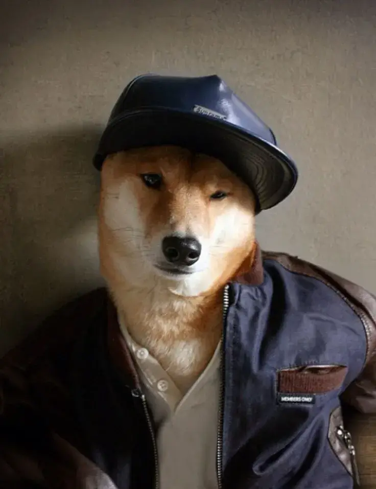 Meme chó mặc jacket jeans, tạo thần thái bụi bặm.