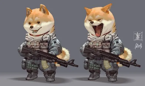 Meme chó Shiba cầm súng, ánh mắt lạnh lùng bá đạo.