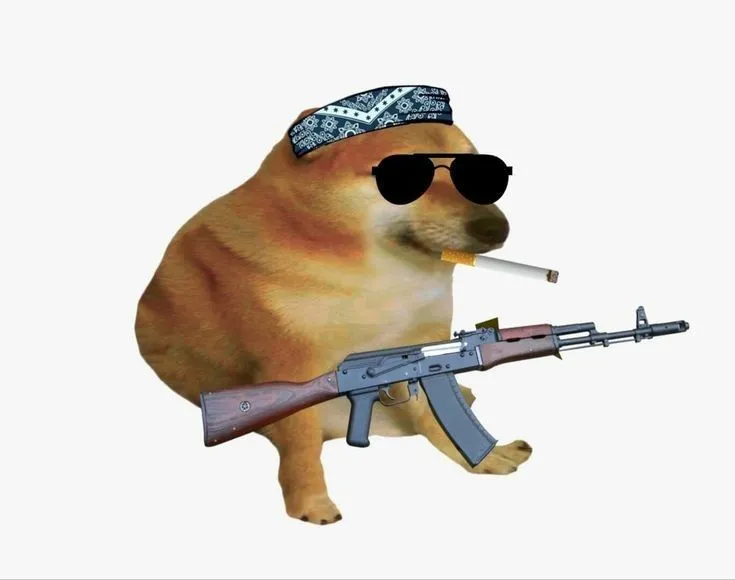 Meme Shiba cầm súng AK hút thuốc