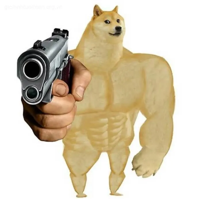 Meme Shiba cơ bắp gồng mình cầm súng, dáng vẻ cực nhây.