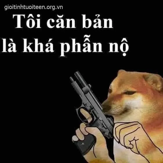 Meme chó Shiba cầm súng trong tư thế bựa.