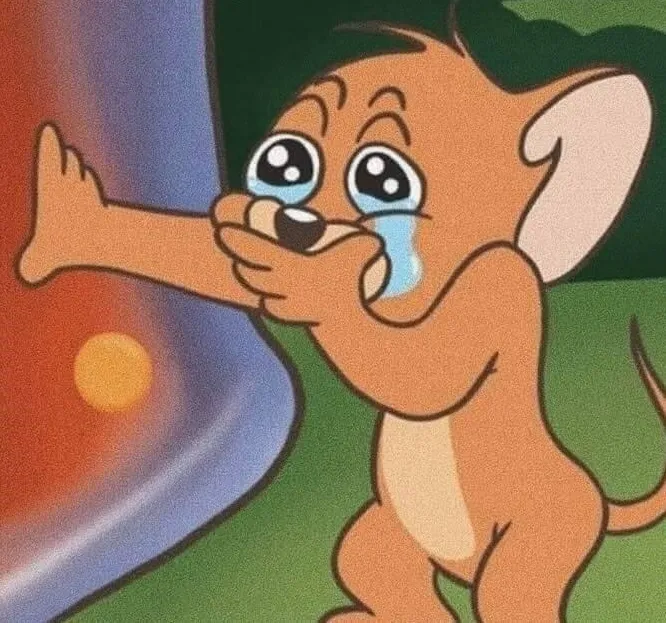 Meme chuột Jerry khóc méo mặt đầy bi thương.