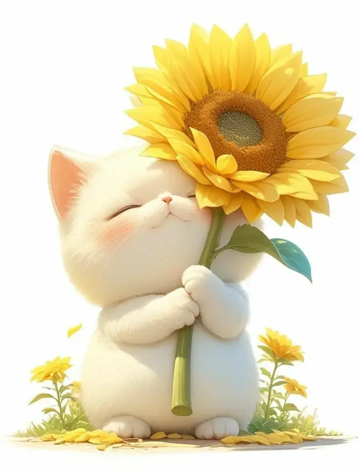 Ảnh mèo ngây ngô, ôm hoa trông cực dễ thương.