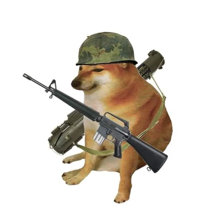 Meme chó Shiba cầm súng nhìn vừa ngầu troll.
