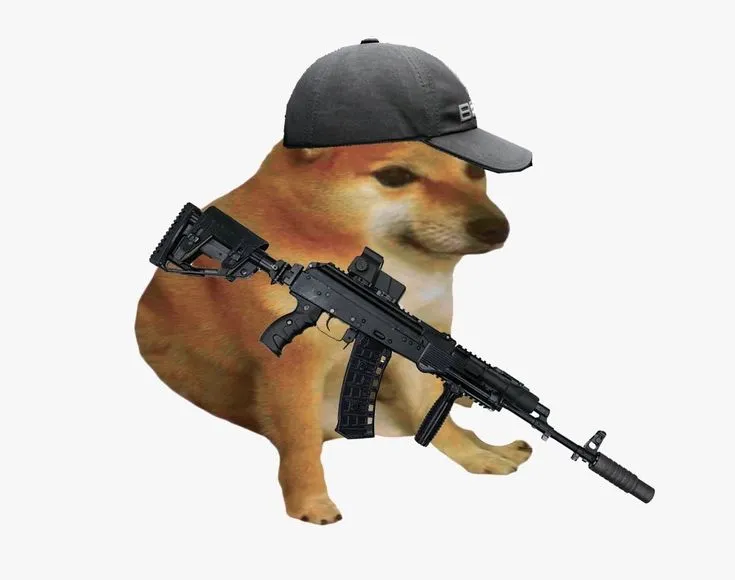 Ảnh Shiba Inu cầm súng nhìn buồn cười lắm.