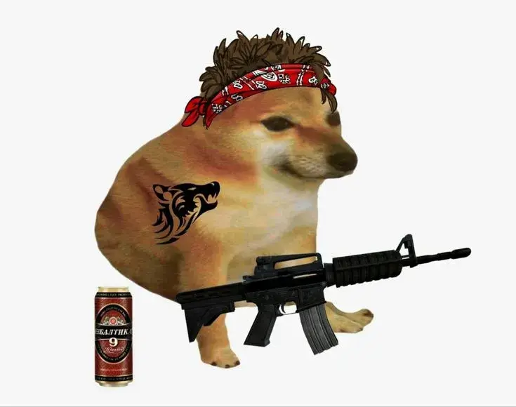 Hình Cheems cầm súng mang dáng vẻ đáng yêu.