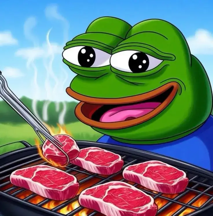 Ảnh ếch xanh đang nướng thịt ánh mắt tự tin.