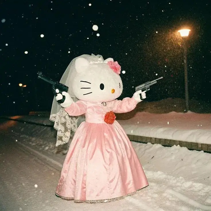 Meme Hello Kitty mặc váy cô dâu cầm súng