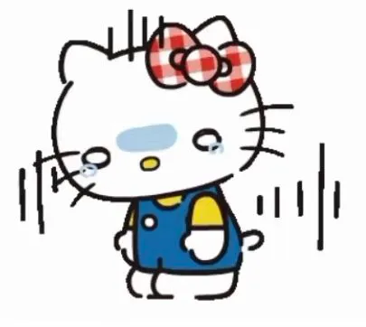 Mèo Hello Kitty khóc tủi thân trong bối cảnh hài hước.