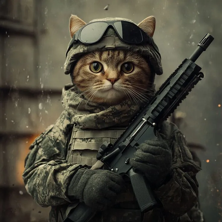 Meme mèo cầm súng gương mặt căng thẳng lạnh như băng