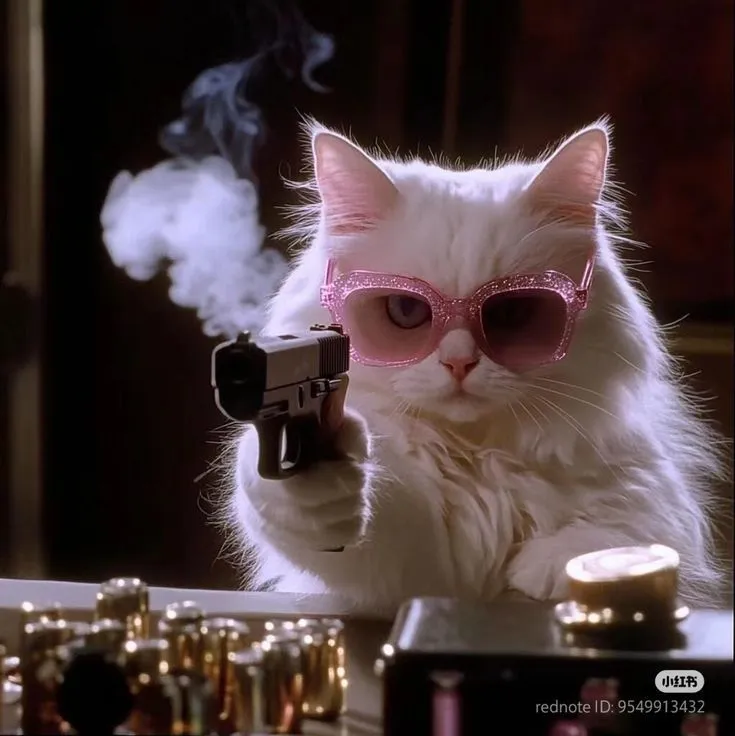 Biểu cảm mèo căng thẳng, tay cầm súng chỉa vào bạn
