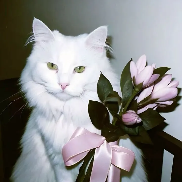 Hình mèo cầm hoa, ánh mắt hồn nhiên ngọt ngào.