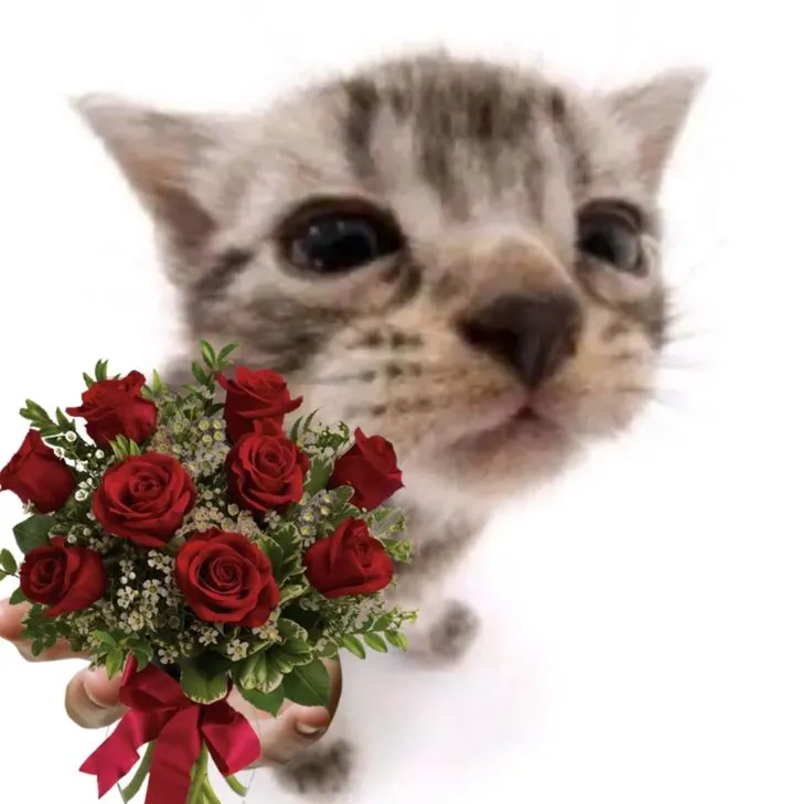 Mèo đáng yêu tặng hoa, khuôn mặt vui nhộn hài hước.