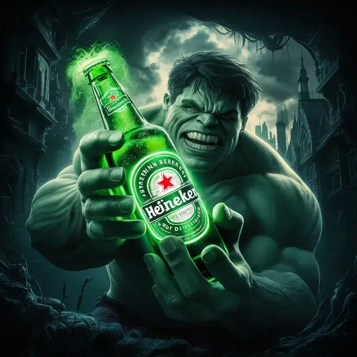 Hulk uống bia Heneiken cụng cười toe toét.
